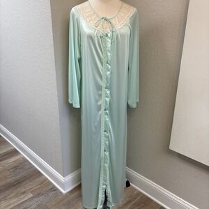 1960s Nightgown Peignoir Mint Green Lace Sz L Sans Souci Nylon USA Bell Sleeve